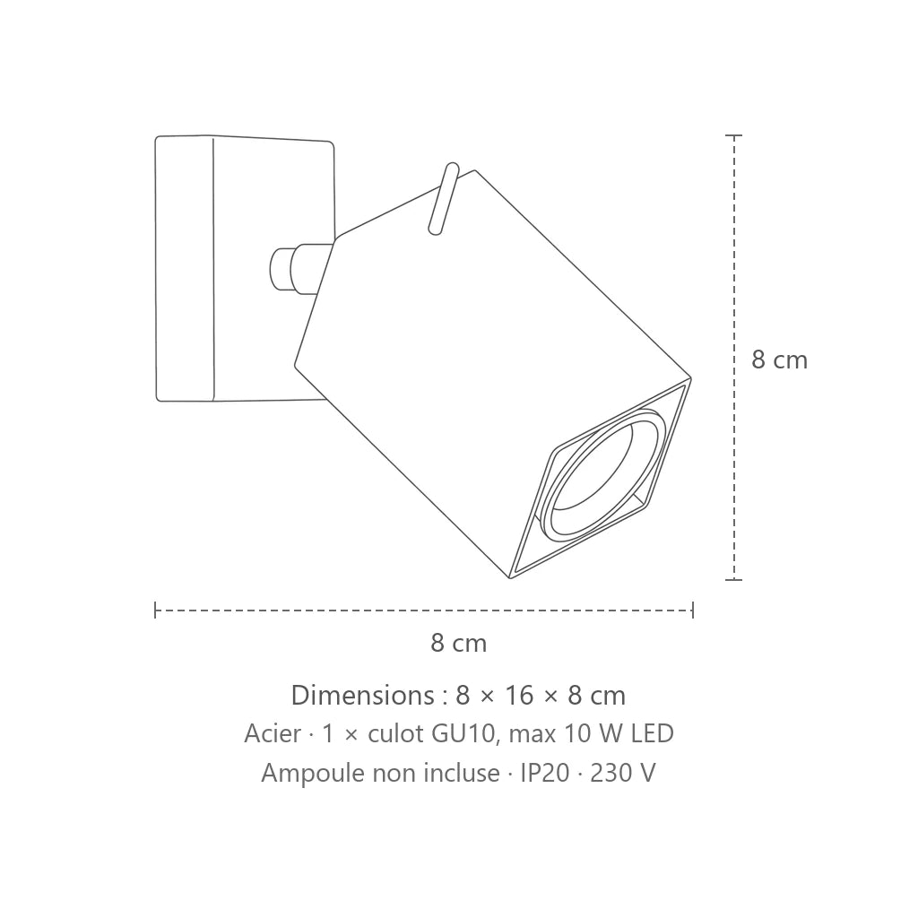 Dimensions : applique murale spot orientable carré, 8 × 16 × 8 cm