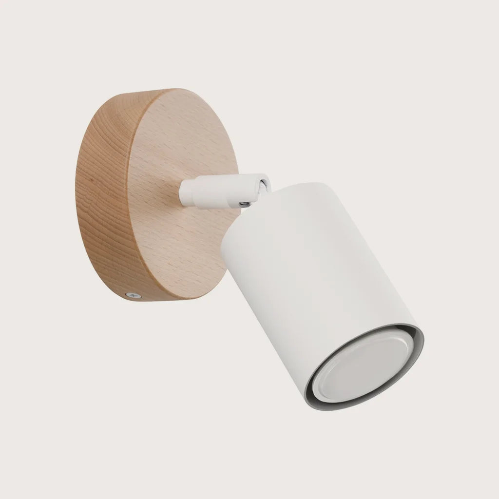 Applique murale spot orientable sur platine en bois, coloris blanc et bois naturel