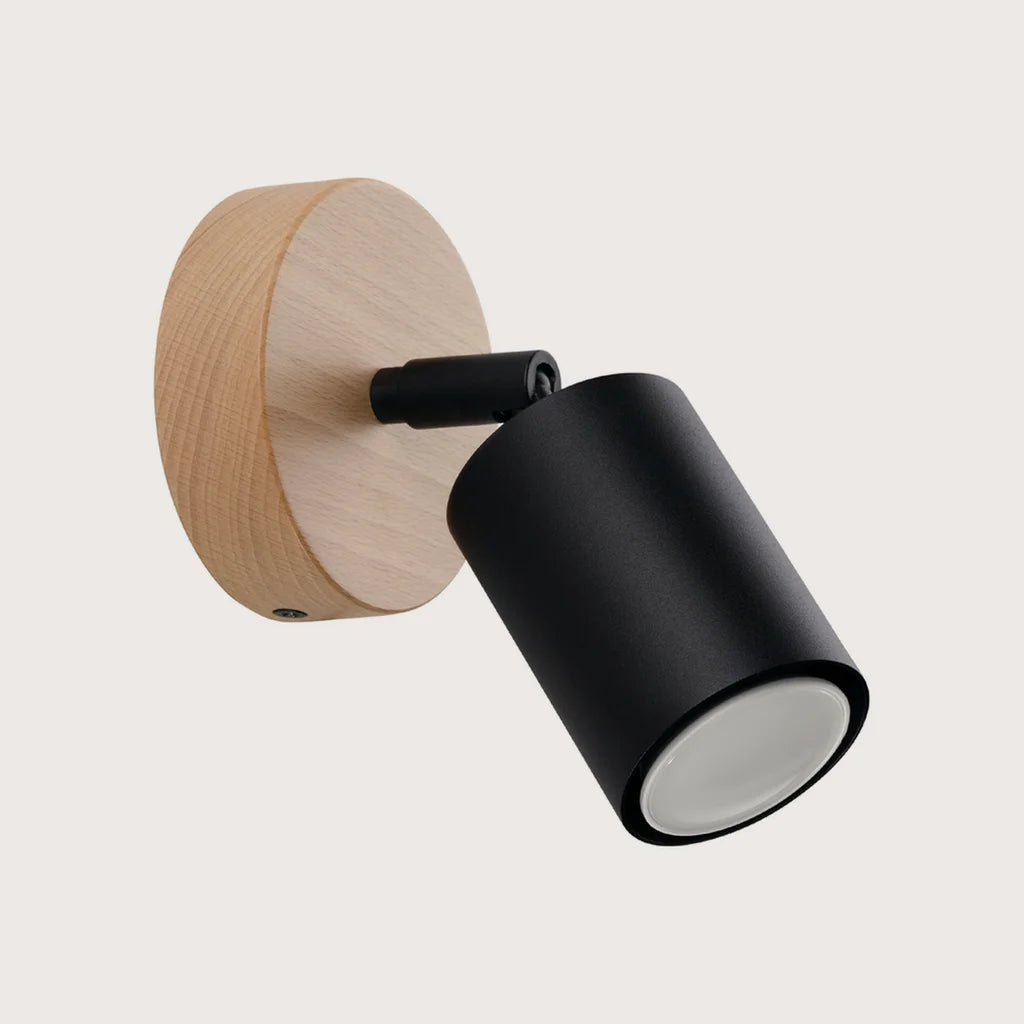 Applique murale spot orientable sur platine en bois, coloris noir et bois naturel