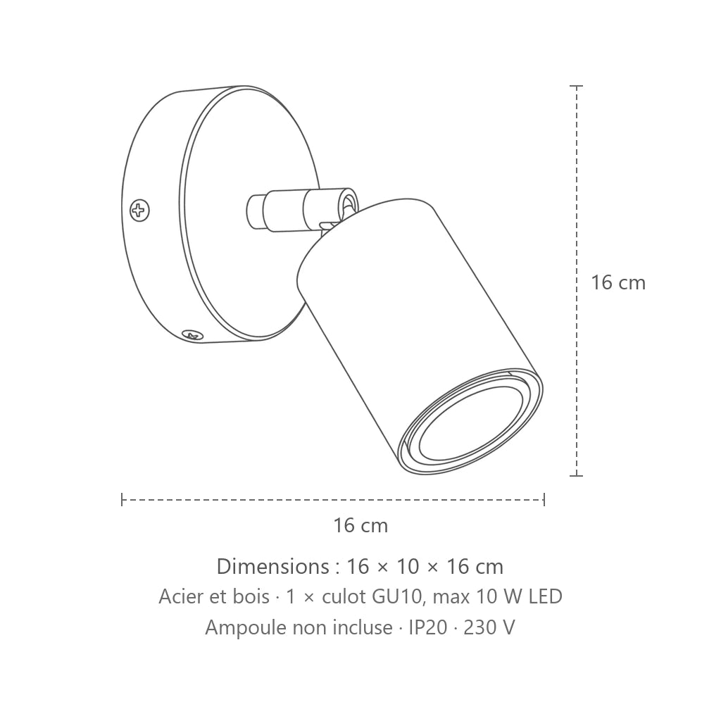 Dimensions : applique murale spot orientable sur platine en bois, 16 × 10 × 16 cm