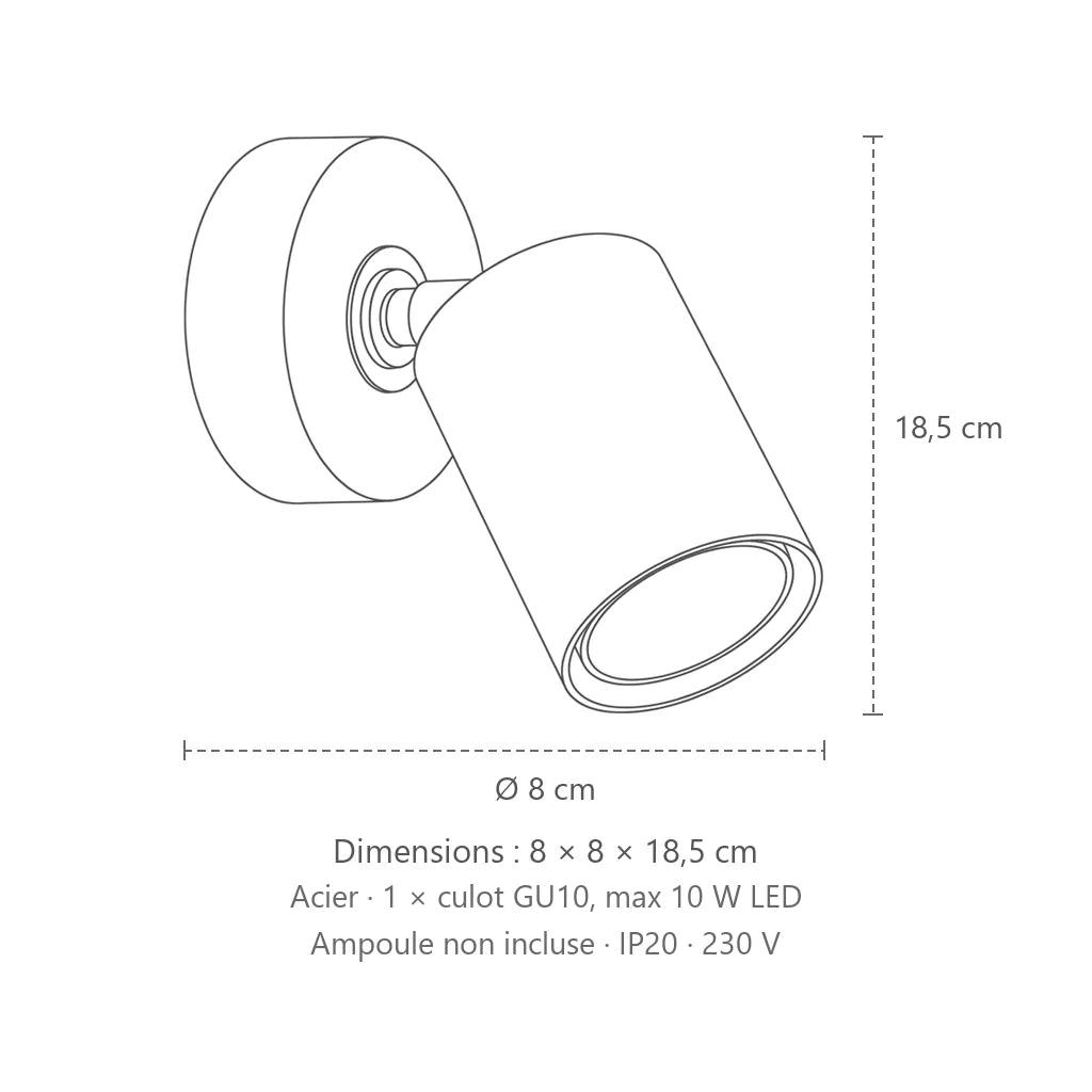 Dimensions : applique murale spot orientable rond, 8 × 8 × 18,5 cm
