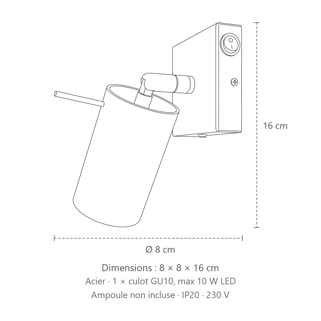 Dimensions : applique murale spot orientable tube (Avec interrupteur), 8 × 8 × 16 cm