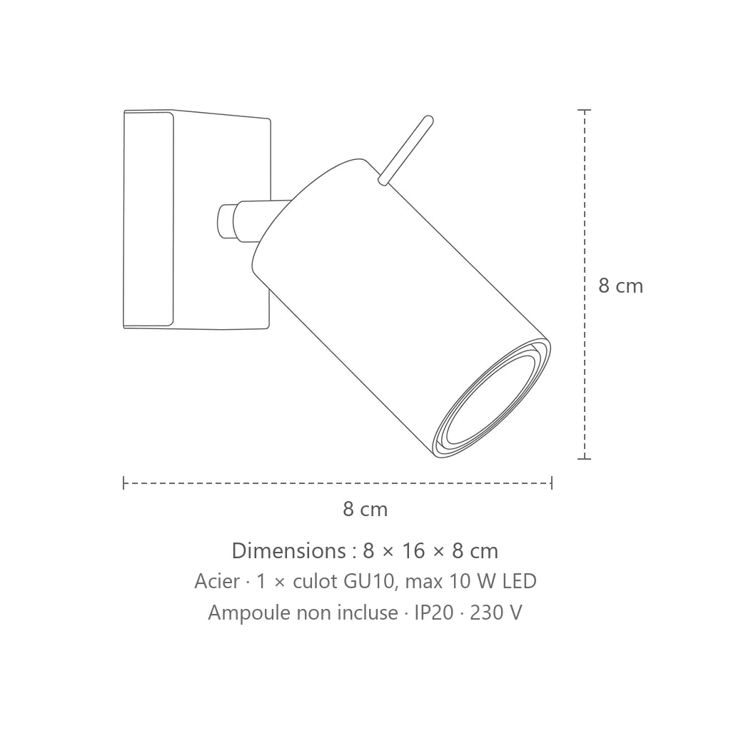 Dimensions : applique murale spot orientable tube (Sans interrupteur), 8 × 16 × 8 cm
