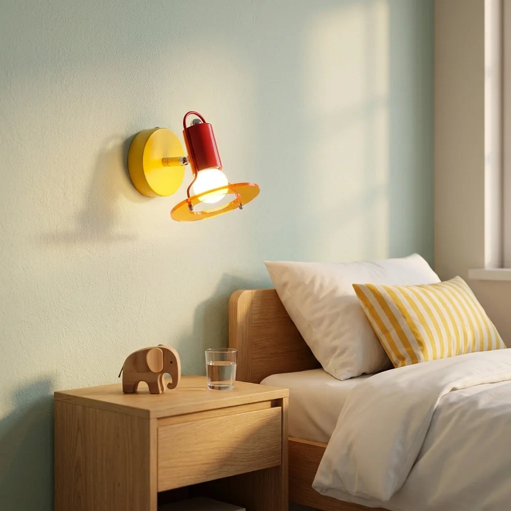 Applique spot pop au-dessus d'une table de chevet en chêne, chambre d'enfant