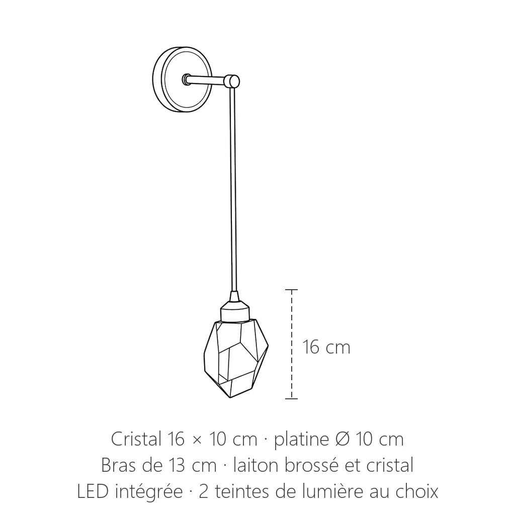 Dimensions de l'applique en cristal : pendant de 16 cm, bras de 13 cm