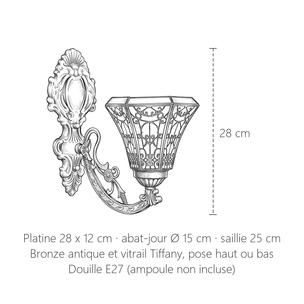 Dimensions de l'applique Tiffany : 28 cm, abat-jour Ø 15 cm