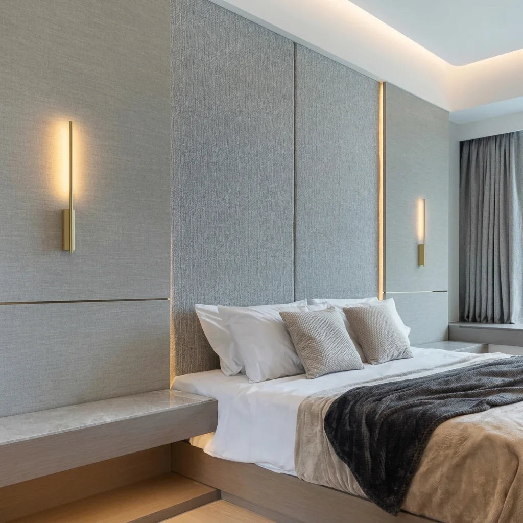 Deux appliques tige LED dorées de part et d'autre d'un lit