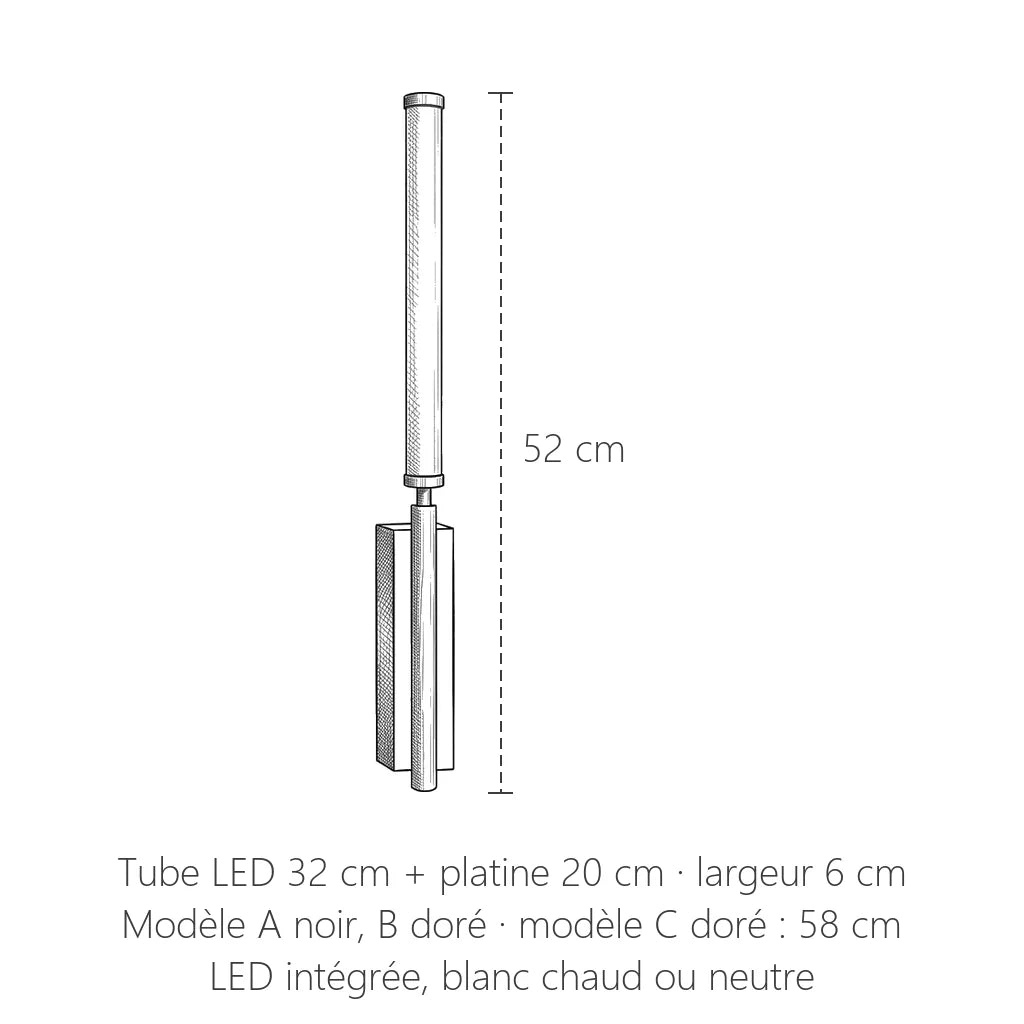 Dimensions de l'applique tube LED vertical : 52 x 6 cm