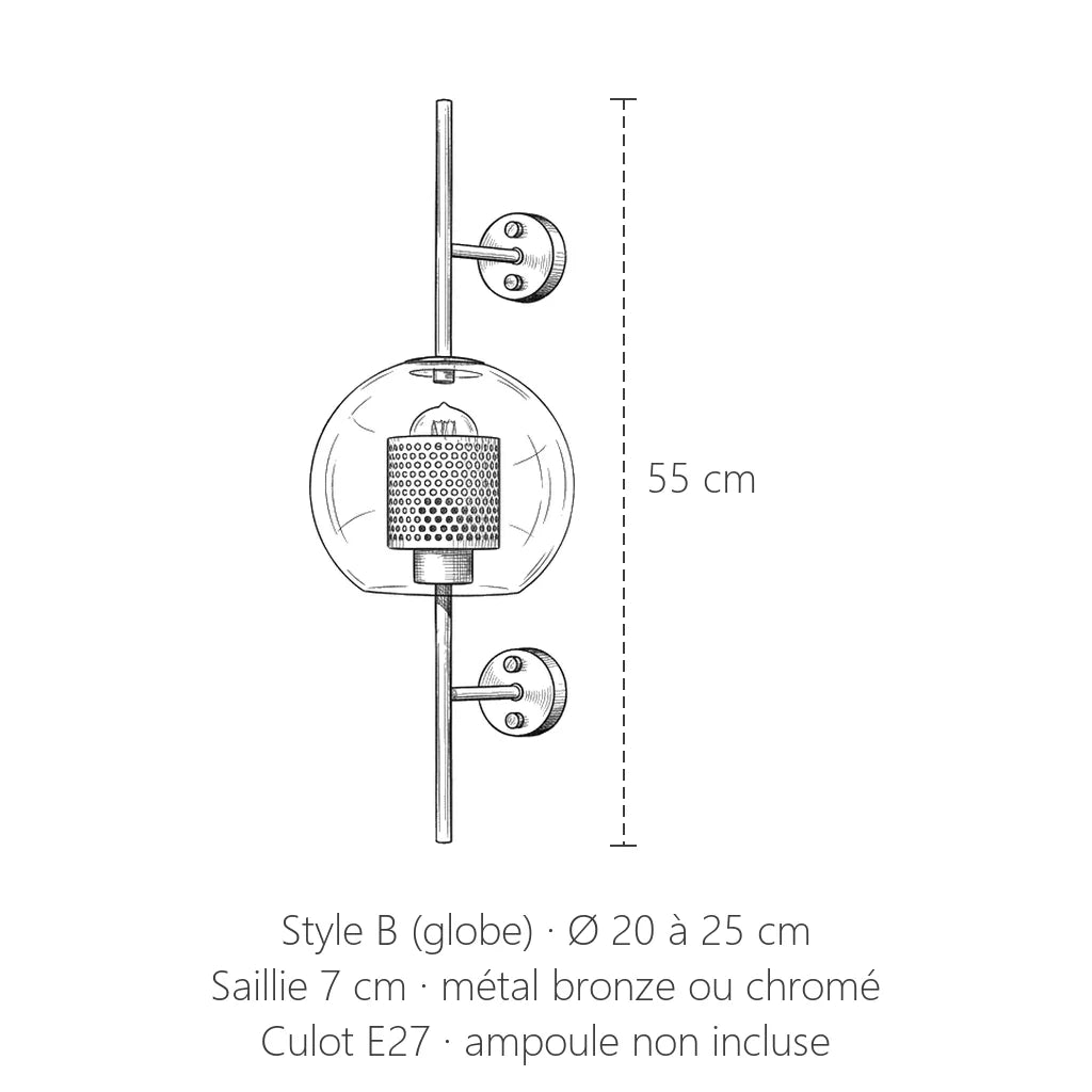 Dimensions de l'applique globe : 55 cm de haut, Ø 20 à 25 cm