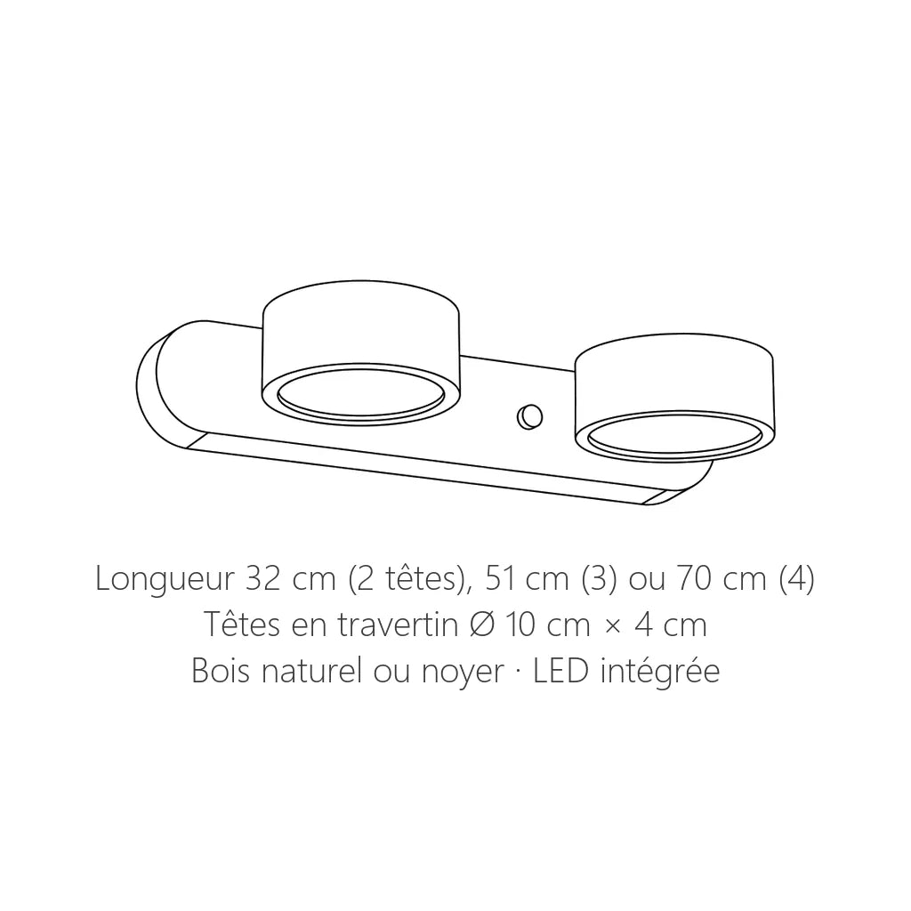 Dimensions de l'applique travertin : 32, 51 ou 70 cm de long, têtes Ø 10 cm