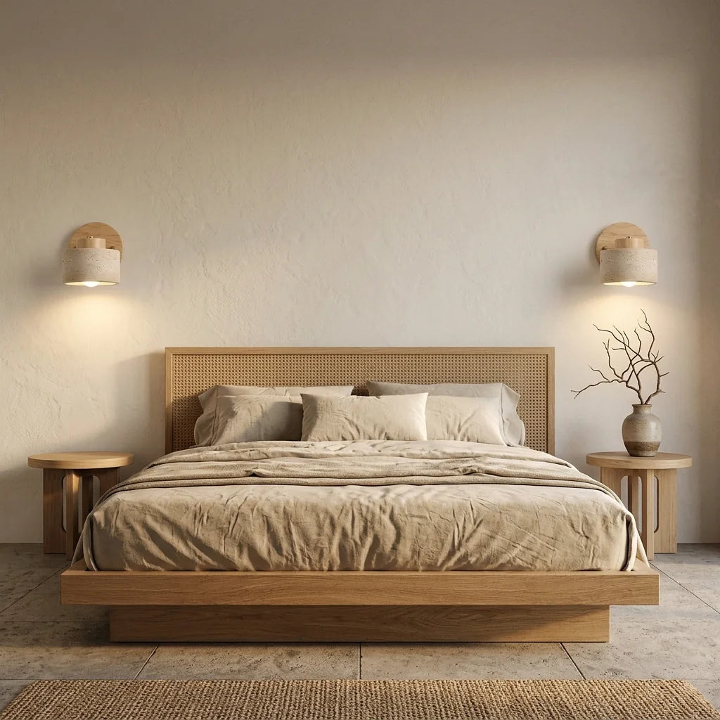 Deux appliques en travertin et chêne autour d'un lit bas en bois