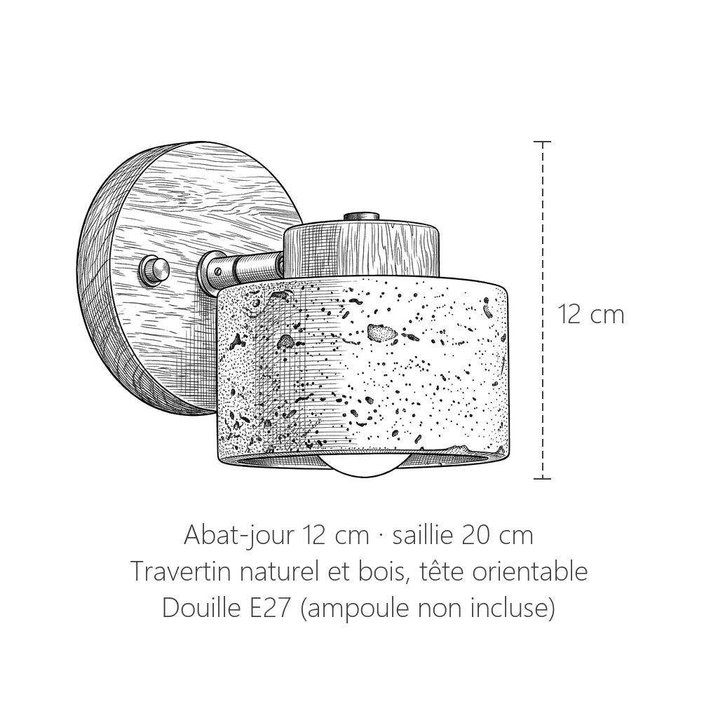 Dimensions de l'applique en travertin : 12 cm, saillie 20 cm