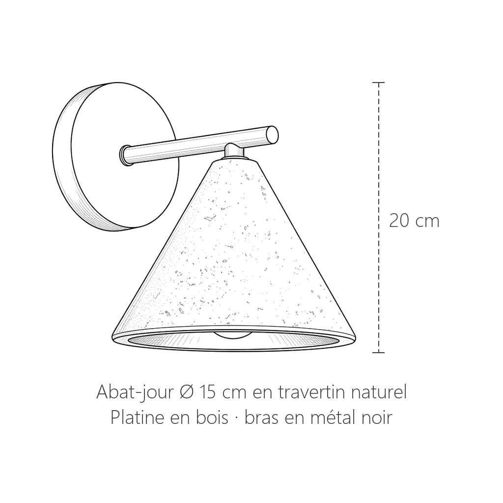 Dimensions de l'applique en travertin : 20 cm de haut, Ø 15 cm