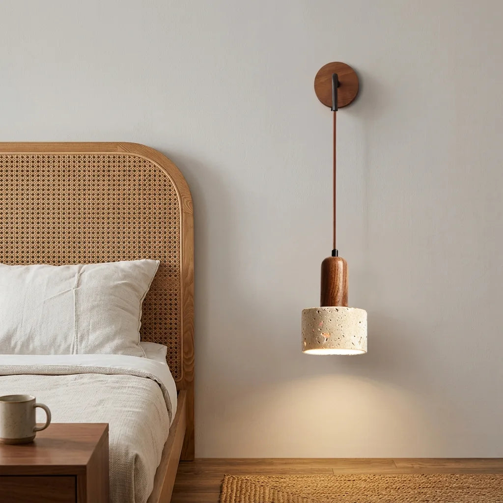 Applique en travertin suspendue près d'une tête de lit cannée