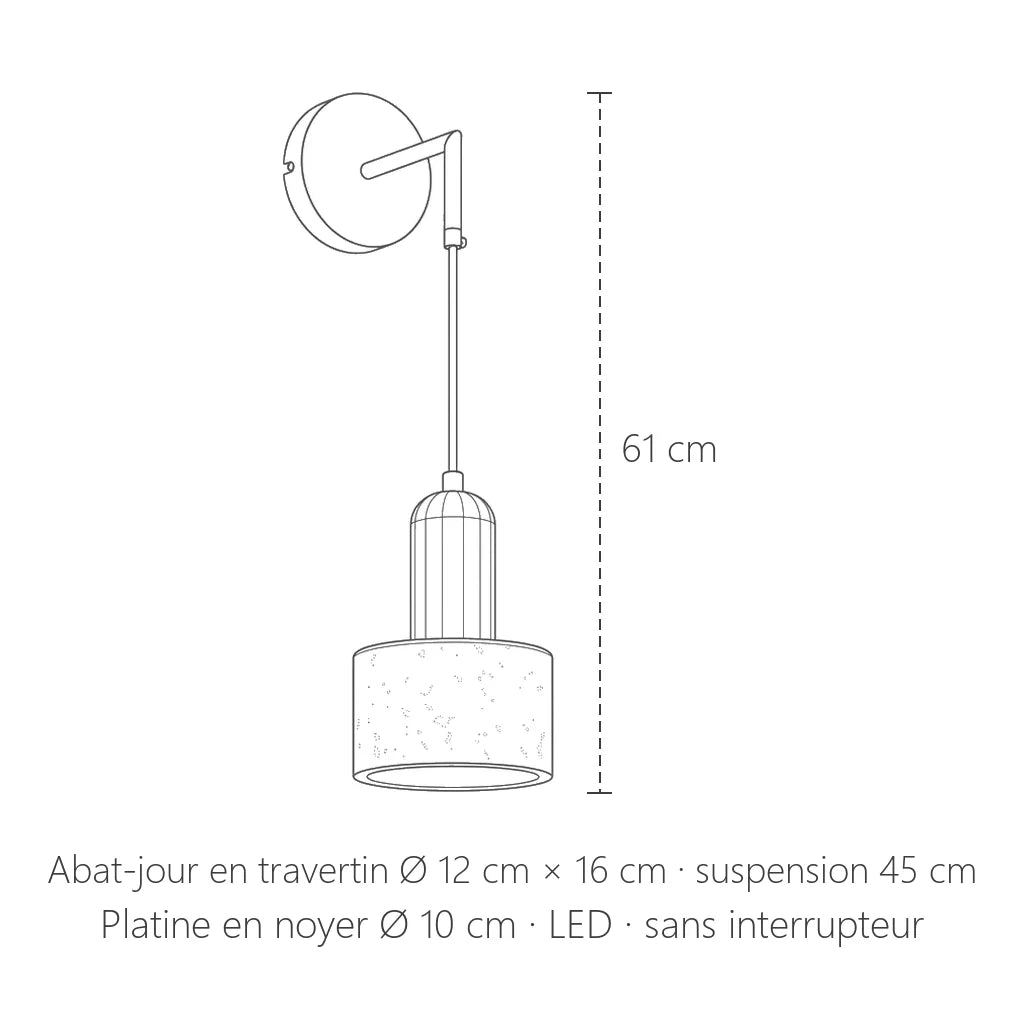 Dimensions de l'applique en travertin : abat-jour Ø 12 cm, 61 cm de haut