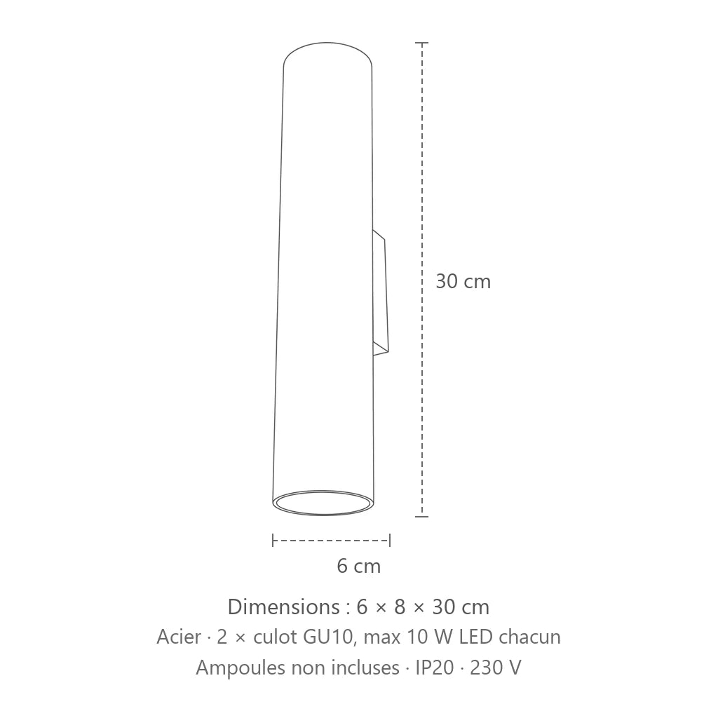 Dimensions : applique murale tube en acier haut et bas, 6 × 8 × 30 cm