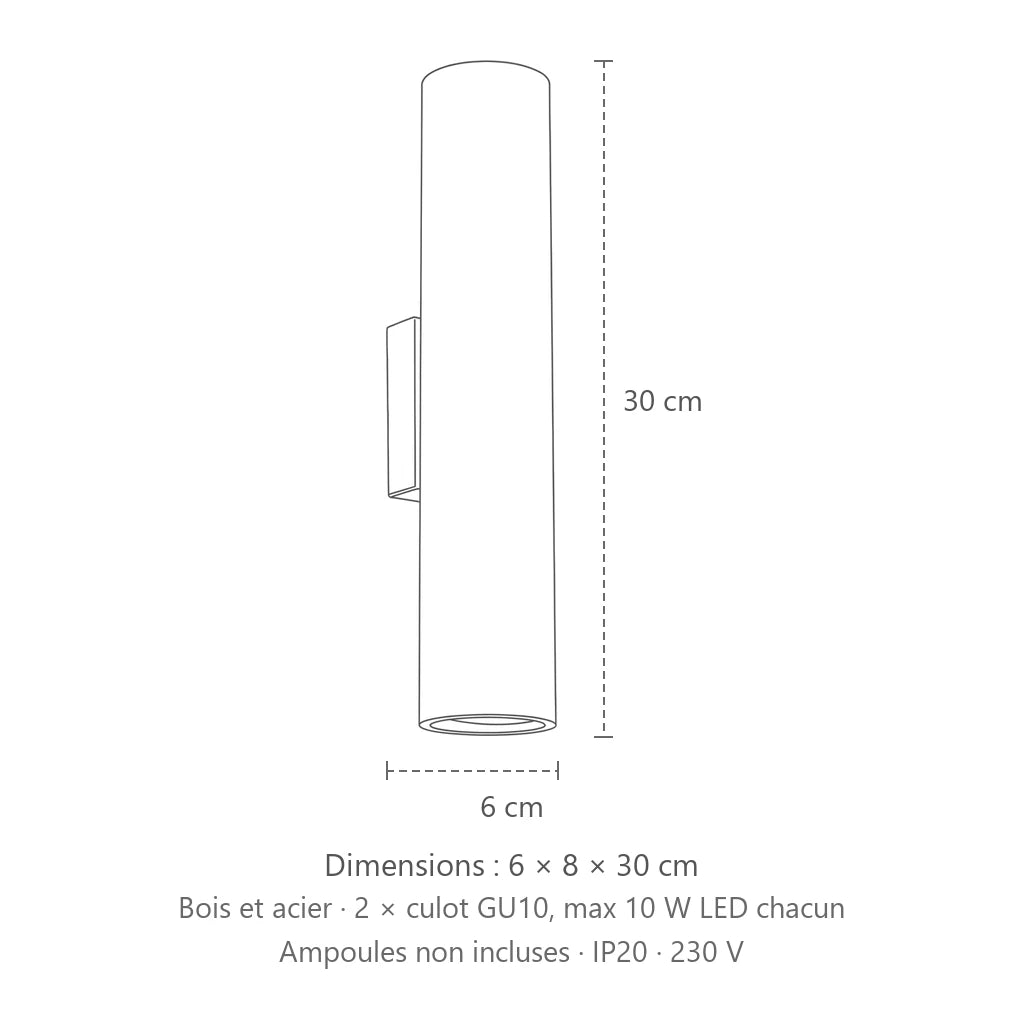 Dimensions : applique murale tube en bois naturel, 6 × 8 × 30 cm