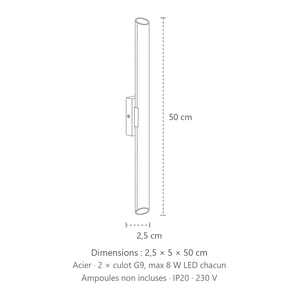 Dimensions : applique murale tube fin 50 cm, 2,5 × 5 × 50 cm