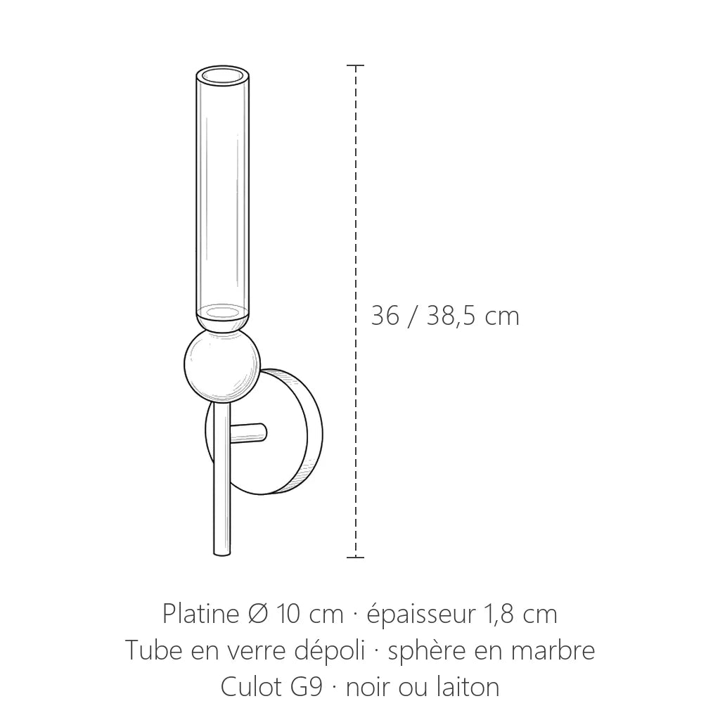 Dimensions de l'applique à tube de verre : 36 à 38,5 cm de haut