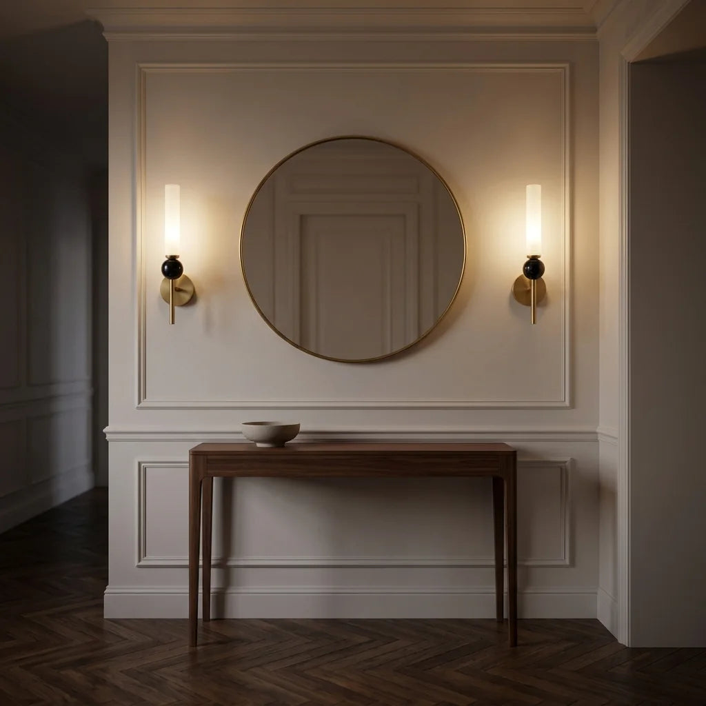 Paire d'appliques en laiton autour d'un miroir rond dans une entrée