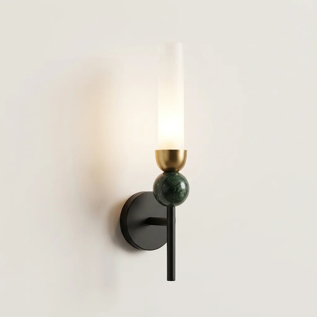 Applique murale noire, sphère en marbre vert et tube en verre dépoli