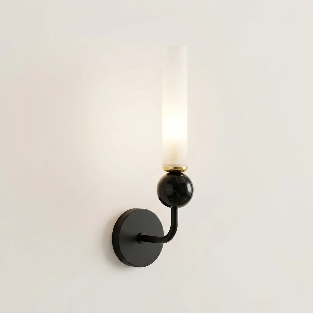 Applique murale noire à bras courbé, sphère en marbre et tube en verre