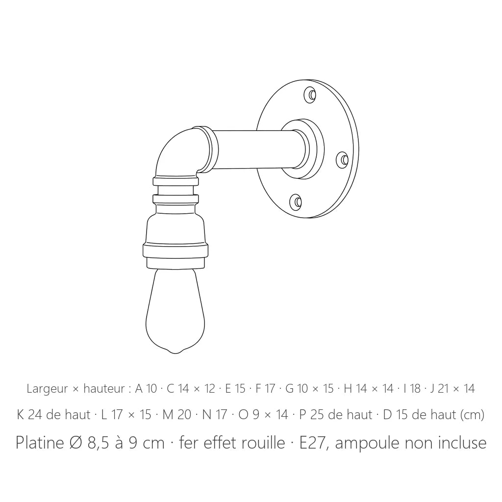 Dimensions des 16 styles d'applique tuyau industriel, platine Ø 8,5 à 9 cm