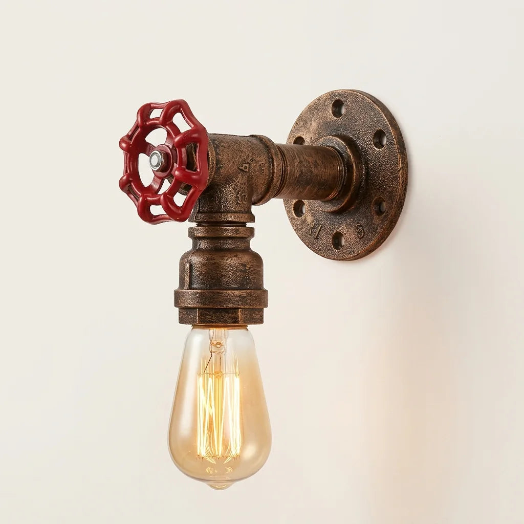 Applique murale industrielle tuyau style D : robinet rouge compact