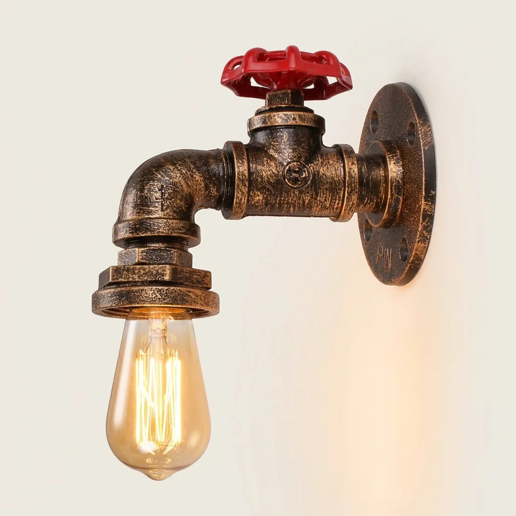Applique murale industrielle tuyau style H : robinet rouge et coude
