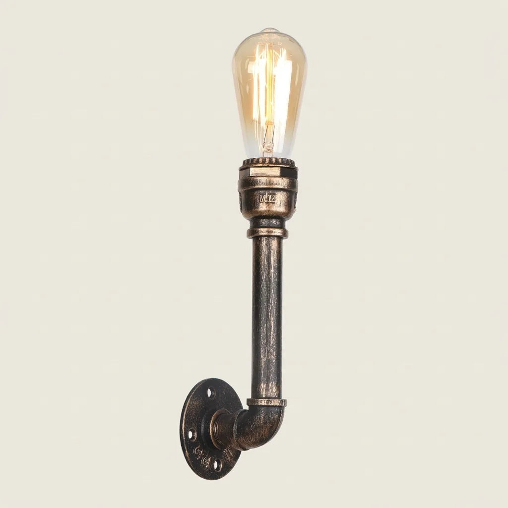 Applique murale industrielle tuyau style K : tige verticale ampoule vers le haut