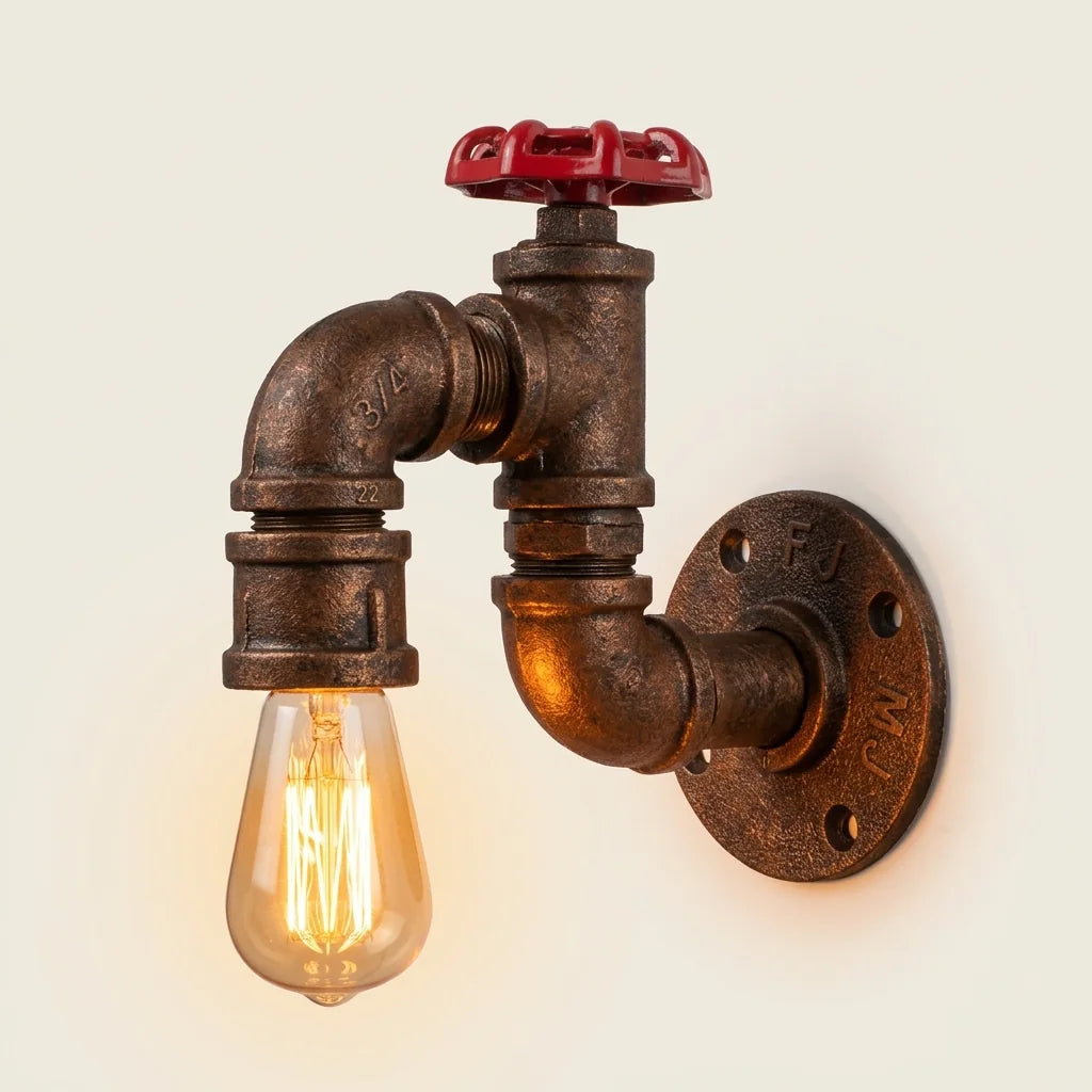 Applique murale industrielle tuyau style L : robinet rouge en U