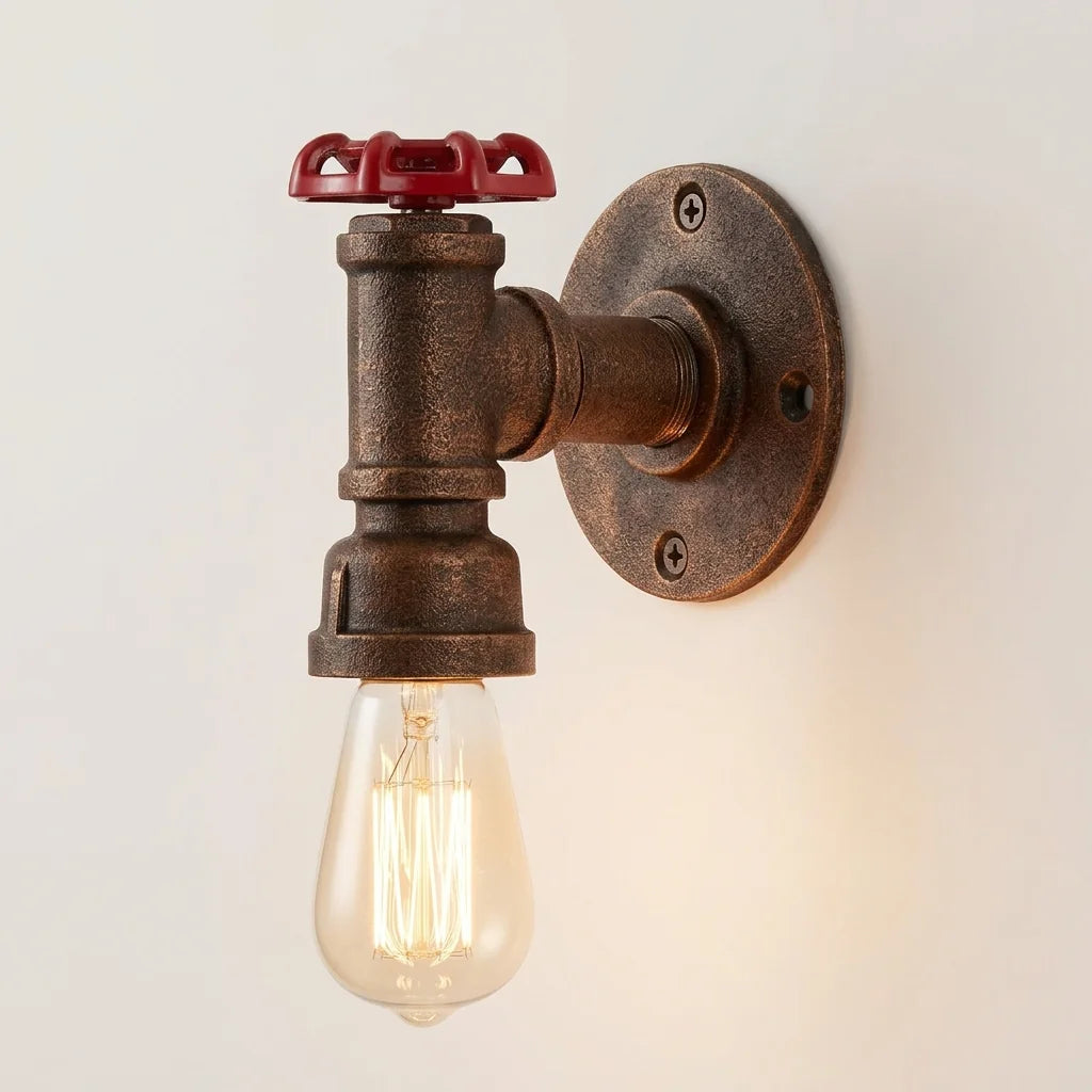 Applique murale industrielle tuyau style O : robinet rouge et raccord en T