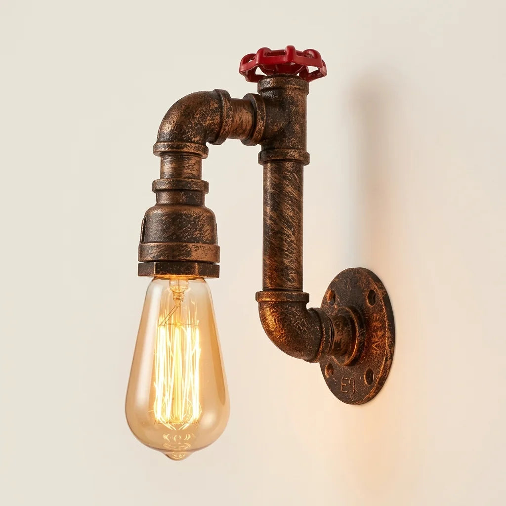 Applique murale industrielle tuyau style P : grand robinet rouge et col descendant
