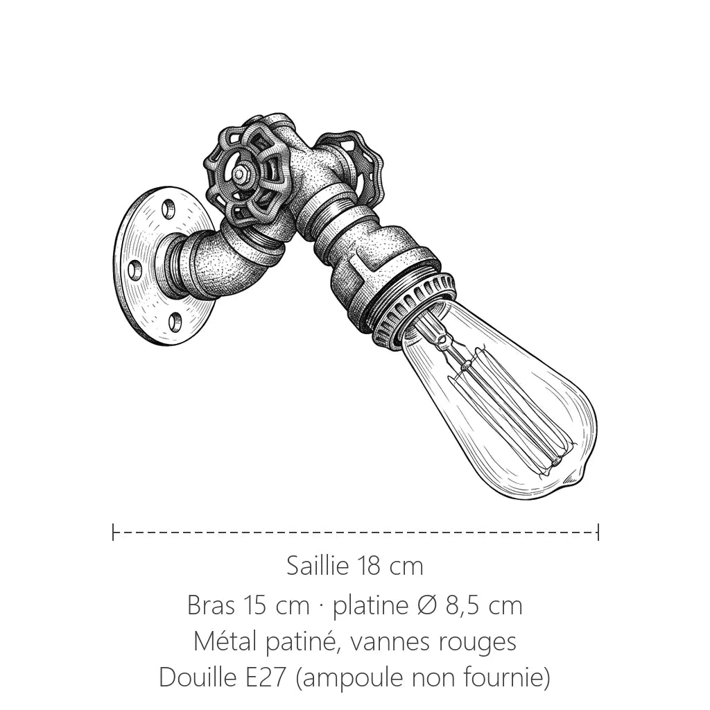 Dimensions de l'applique tuyau industriel : saillie 18 cm