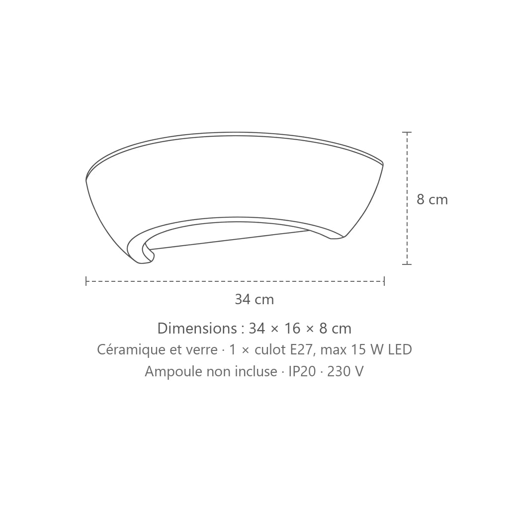 Dimensions : applique murale vasque en céramique blanche, 34 × 16 × 8 cm