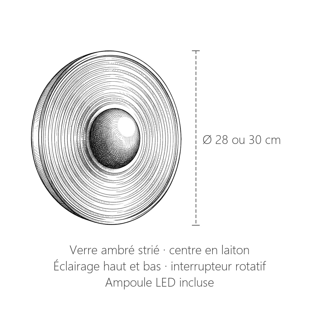Dimensions de l'applique en verre strié : diamètre 28 ou 30 cm