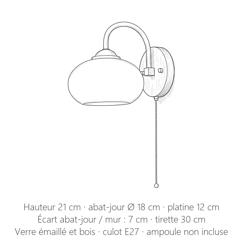 Dimensions de l'applique en verre et bois : 21 cm de haut, abat-jour Ø 18 cm
