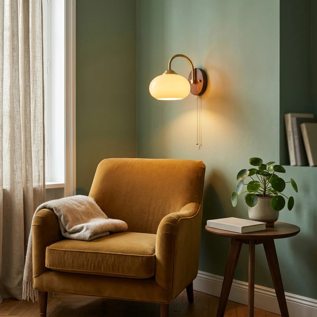 Applique en verre crème au-dessus d'un fauteuil en velours moutarde
