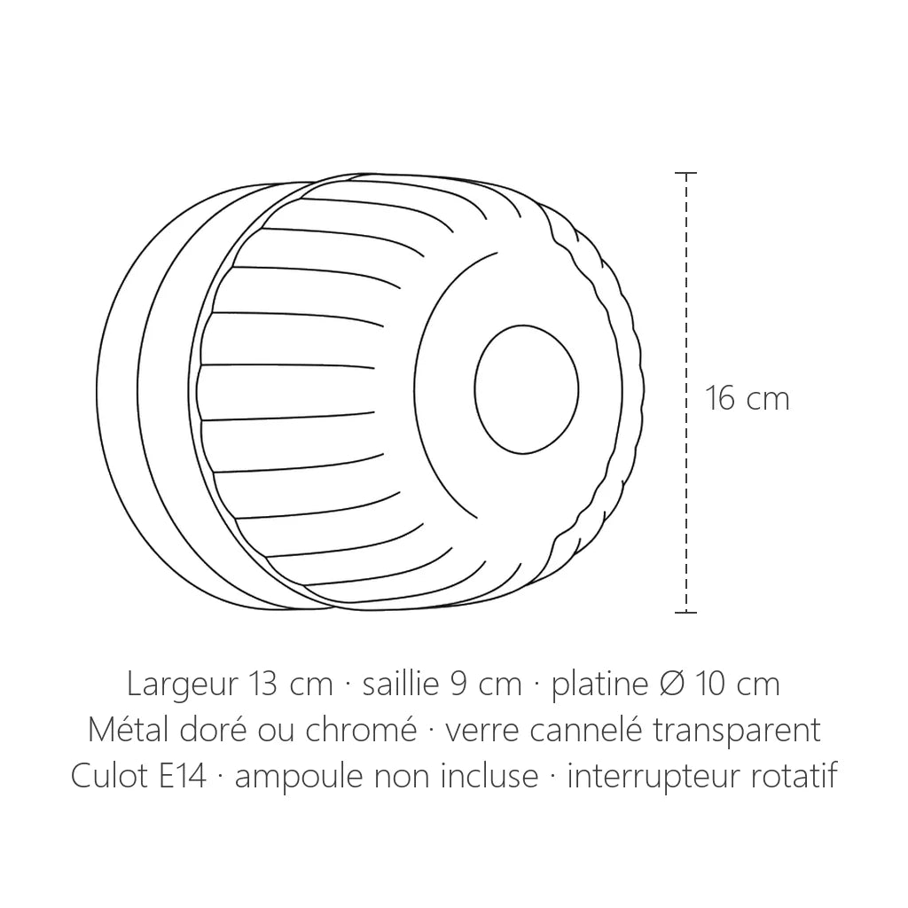Dimensions de l'applique en verre cannelé : 16 cm de haut, 13 cm de large, 9 cm de saillie