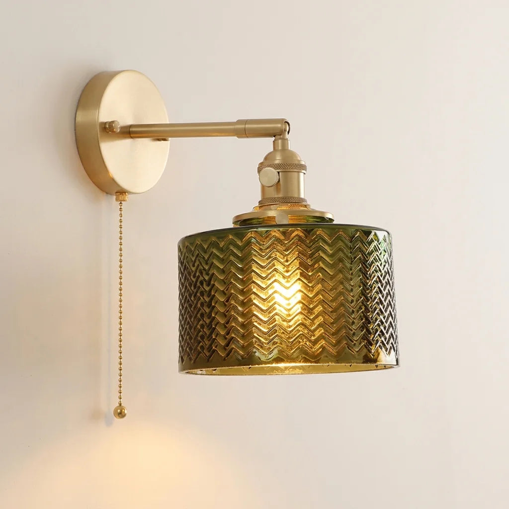 Applique en verre vert à chevrons avec interrupteur à chaînette