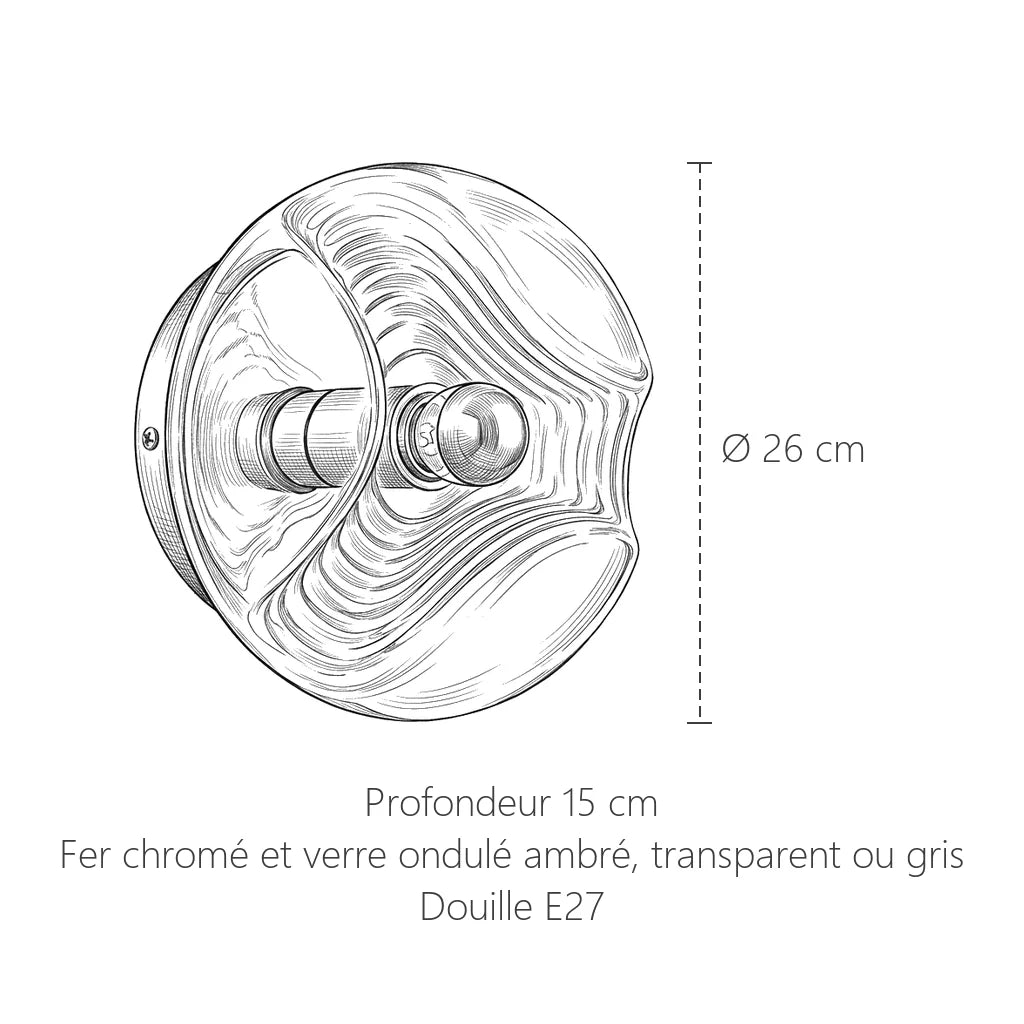 Dimensions de l'applique en verre ondulé : Ø 26 cm, profondeur 15 cm