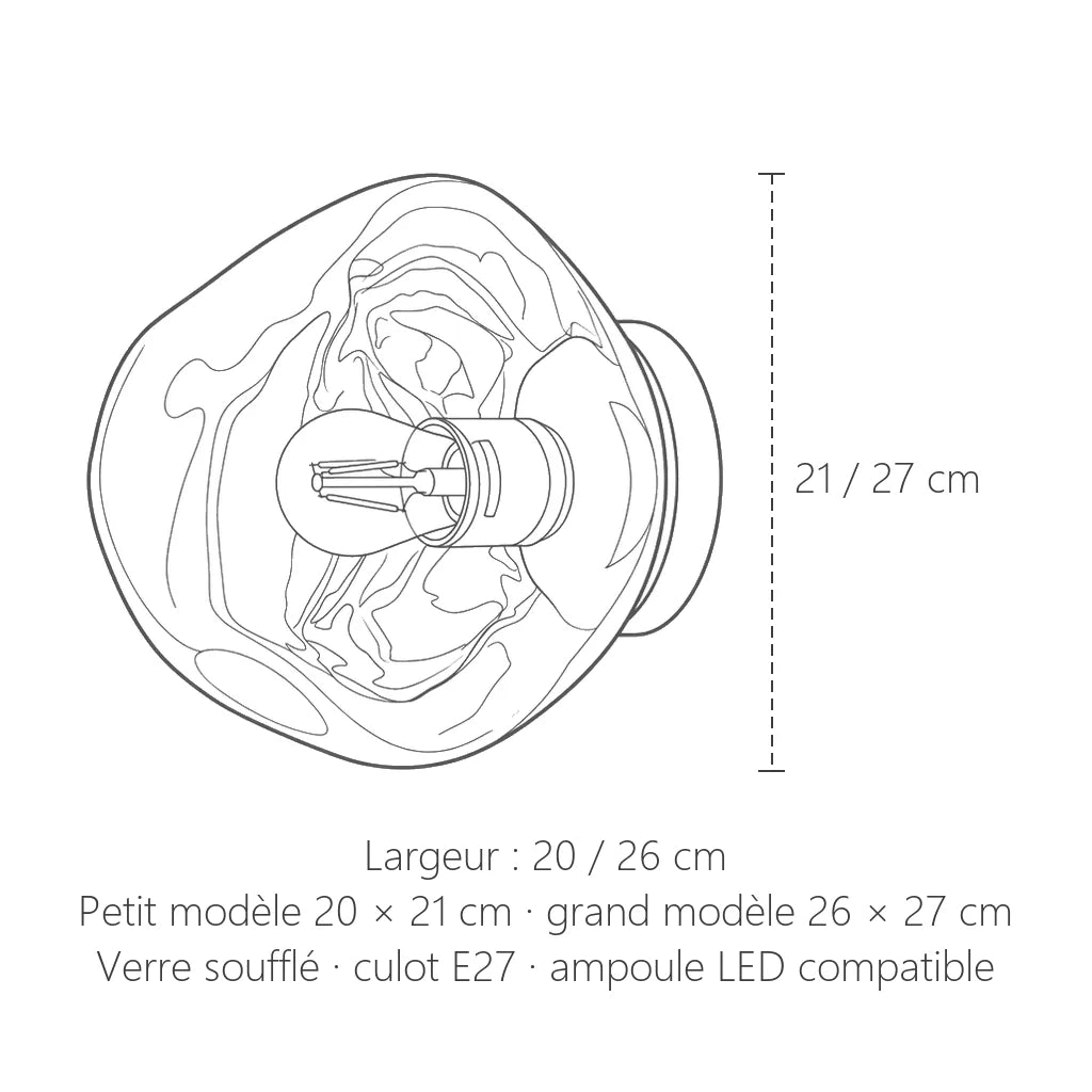 Dimensions de l'applique en verre soufflé : 20 × 21 cm ou 26 × 27 cm