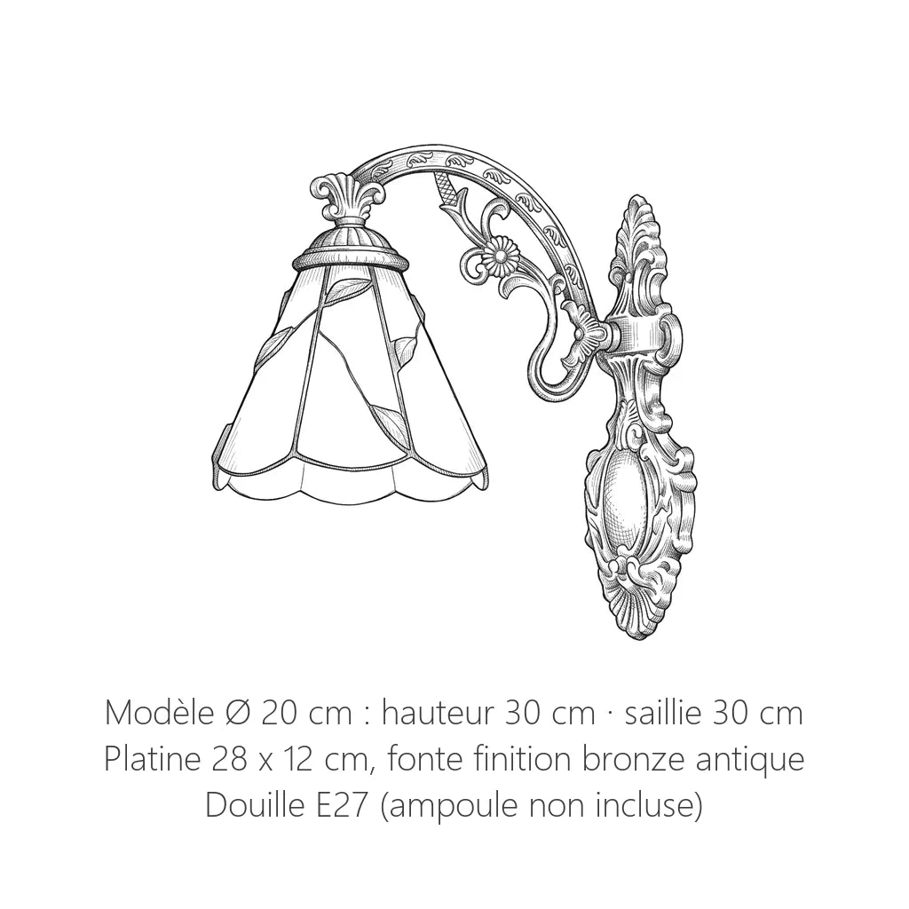 Dimensions de l'applique Tiffany : hauteur 30 cm, saillie 30 cm (modèle Ø 20 cm)