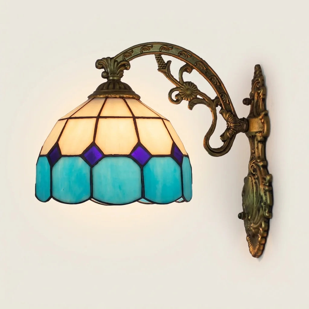 Applique murale Tiffany vitrail damier blanc et turquoise