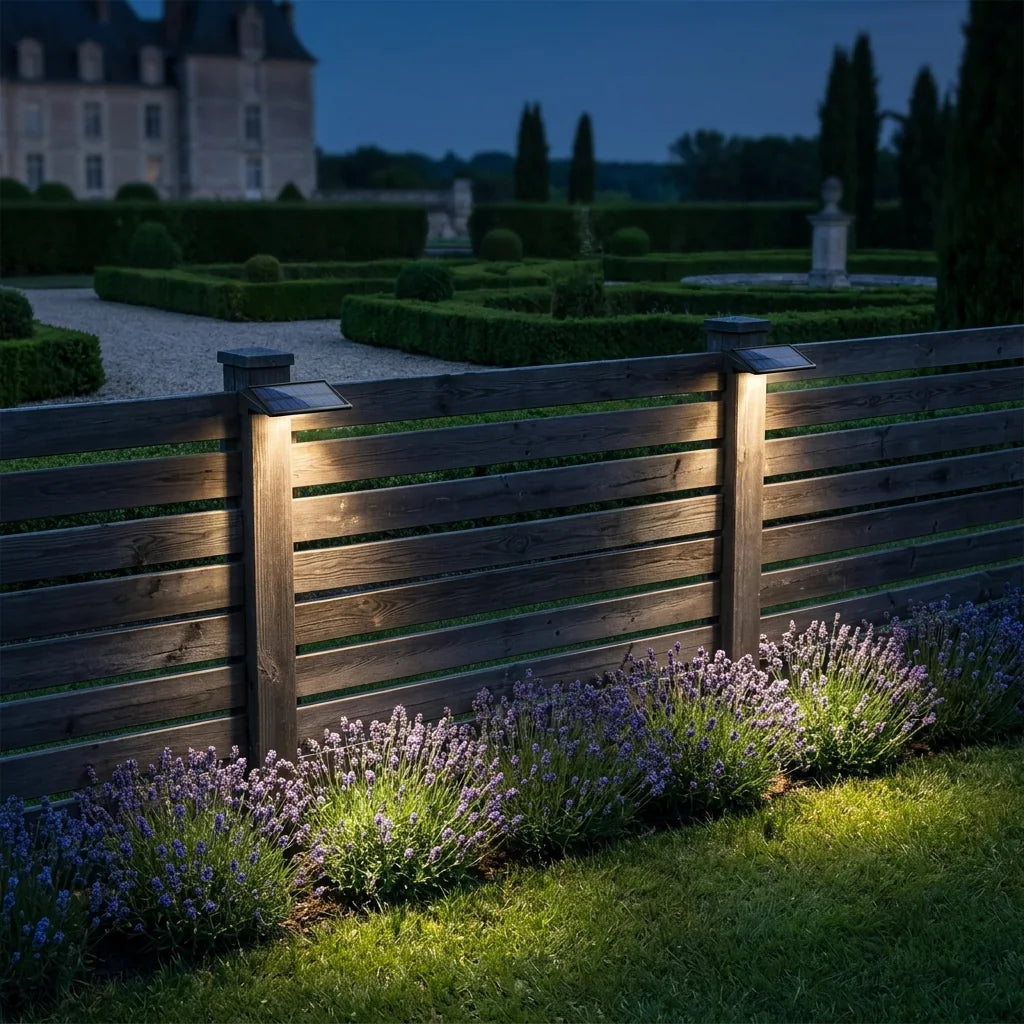 Deux appliques solaires sur une clôture en bois au-dessus de lavandes