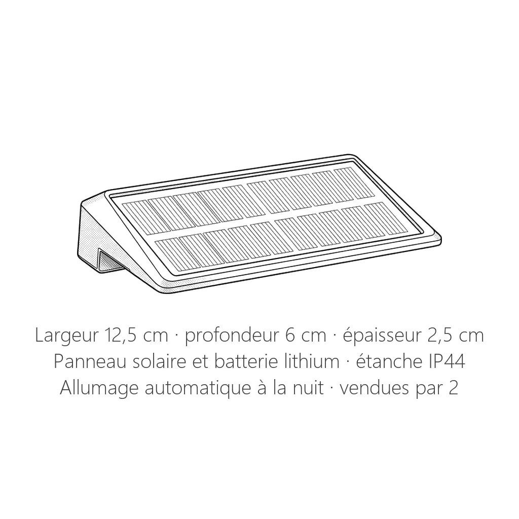 Dimensions de l'applique solaire : 12,5 cm de large, 6 cm de profondeur