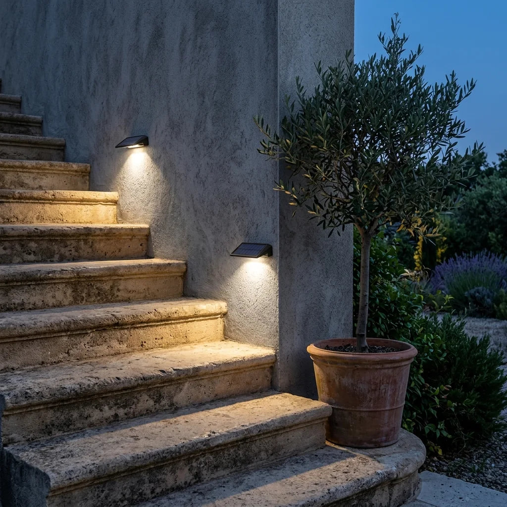 Appliques solaires éclairant un escalier extérieur en pierre au crépuscule