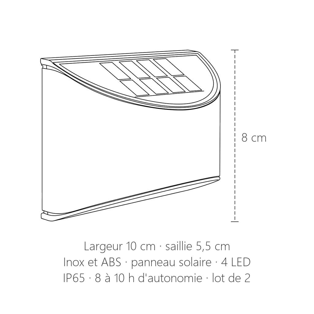 Dimensions de l'applique solaire inox : 8 cm de haut, 10 cm de large