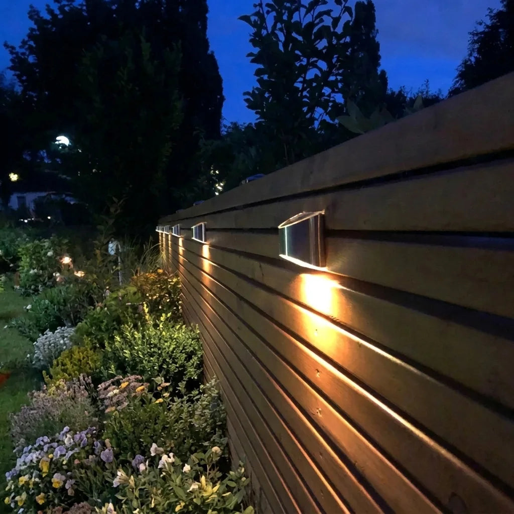 Appliques solaires inox alignées sur une clôture de jardin, la nuit