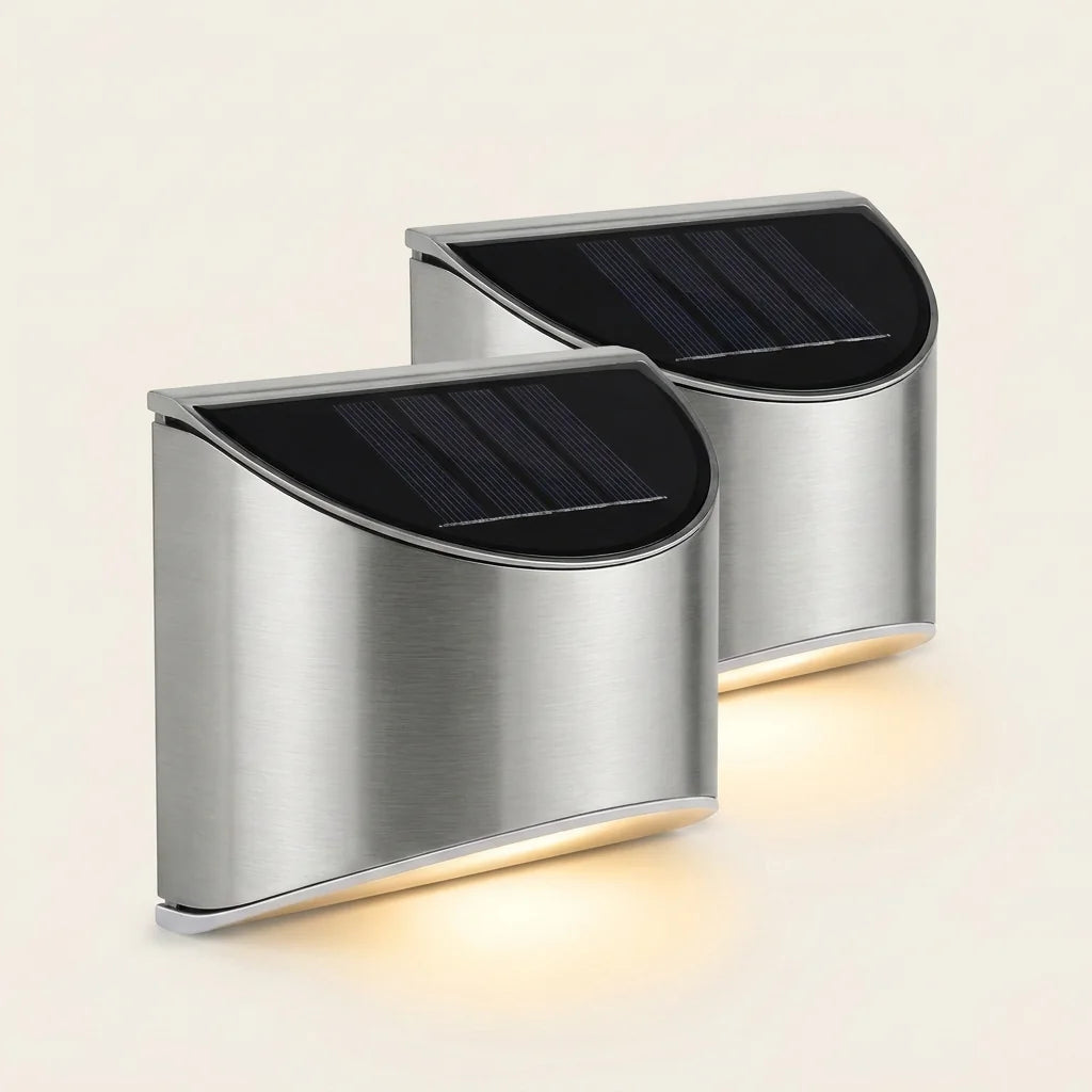 Lot de 2 appliques solaires murales en inox, lumière blanc chaud